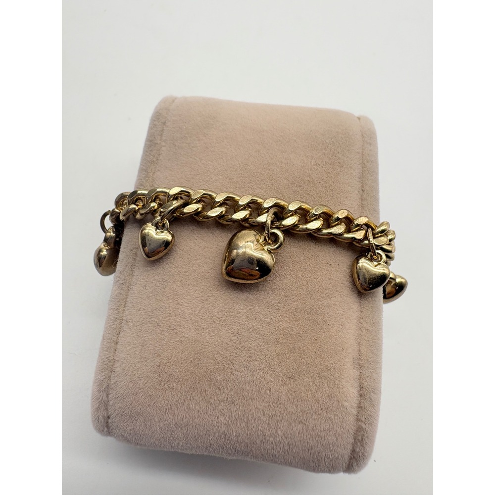 Gold Tone Heart Charm Curb Chain Bracelet Lobster Clasp 7 Inch